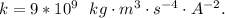 k  =  9*10^9  \  \ kg\cdot m^3\cdot s^{-4} \cdot A^{-2}.