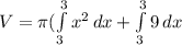 V =\pi (\int\limits^3_3 {x^{2} } \, dx +\int\limits^3_3{9} \, dx