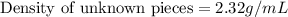 \text{Density of unknown pieces}=2.32g/mL