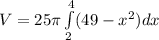 V = 25 \pi \int \limits ^4_2 (49-x^2) dx