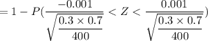 = 1- P ( \dfrac{-0.001}{\sqrt{\dfrac{0.3\times 0.7}{400}}} < Z <  \dfrac{0.001}{\sqrt{\dfrac{0.3 \times 0.7}{400}}} )