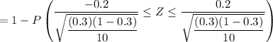 =1 - P \begin {pmatrix} \dfrac{-0.2}{\sqrt{\dfrac{(0.3)(1-0.3)}{10}}} \leq Z \leq  \dfrac{0.2}{\sqrt{\dfrac{(0.3)(1-0.3)}{10}}} \end {pmatrix}