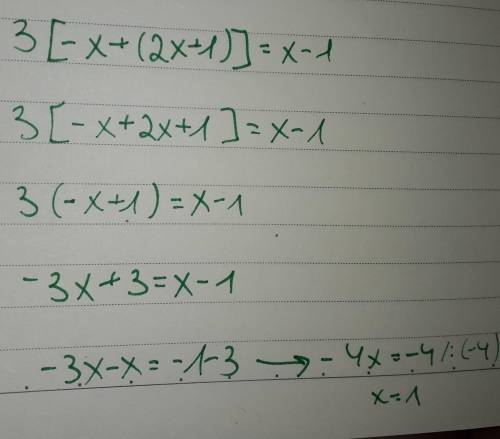 Solve 3[-x+(2x+1)]=x-1
