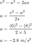 v^2-u^2=2as\\\\a=\dfrac{v^2-u^2}{2s}\\\\a=\dfrac{(6)^2-(8)^2}{2\times 5}\\\\a=-2.8\ m/s^2