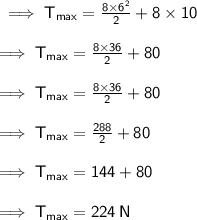 \sf \implies T_{max} =  \frac{8 \times  {6}^{2} }{2}  + 8 \times 10 \\  \\  \sf \implies T_{max} = \frac{8 \times 36}{2} + 80  \\  \\  \sf \implies T_{max} = \frac{8 \times 36}{2} + 80 \\  \\  \sf \implies T_{max} = \frac{288}{2} + 80 \\  \\  \sf \implies T_{max} = 144 + 80 \\  \\  \sf \implies T_{max} = 224 \: N