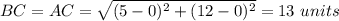 BC=AC=\sqrt{(5-0)^2+(12-0)^2}=13\ units