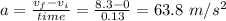 a=\frac{v_f-v_i}{time} =\frac{8.3-0}{0.13 } =63.8\,\,m/s^2