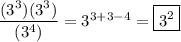 \dfrac{(3^3)(3^3)}{(3^4)}=3^{3+3-4}=\boxed{3^2}