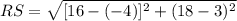 RS =\sqrt{[16-(-4)]^{2}+(18-3)^{2}}