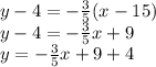 y - 4 =  -  \frac{3}{5} (x - 15) \\y - 4 =  -  \frac{3}{5} x + 9 \\ y =  -  \frac{3}{5} x + 9 + 4