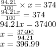 \frac{94.21}{100}  \times x = 374\\\frac{94.21x}{100} = 374\\94.21x = 37400\\x = \frac{37400}{94.21} \\x = 396.99