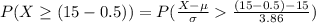 P(X \ge  (15-0.5)) =  P( \frac{X - \mu}{\sigma }   \frac{(15 -0.5) - 15}{3.86 } )