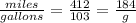 \frac{miles}{gallons} =\frac{412}{103} =\frac{184}{g}