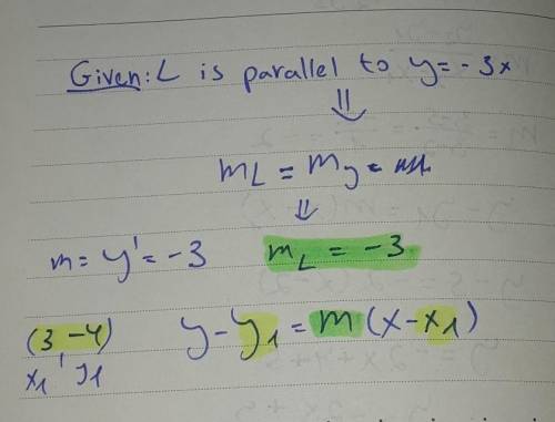 Find the Equation of the Line. L is parallel to y- -3x.