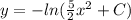 y = - ln(\frac{5}{2}x^{2} + C)