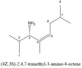 Draw the structure corresponding to the followingname:.

a. (4Z,3S)-2,4,7-trimethyl-3-amino-4-octene