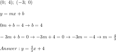 (0;\ 4);\ (-3;\ 0)\\\\y= mx+b\\\\0m+b=4\to b=4\\\\-3m+b=0\to-3m+4=0\to-3m=-4\to m=\frac{4}{3}\\\\y=\frac{4}{3}x+4