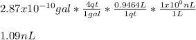 2.87x10^{-10}gal*\frac{4qt}{1gal} *\frac{0.9464L}{1qt}*\frac{1x10^9nL}{1L}\\  \\1.09nL