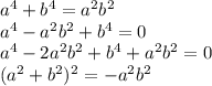 a^4+b^4=a^2b^2\\&#10;a^4-a^2b^2+b^4=0\\&#10;a^4-2a^2b^2+b^4+a^2b^2=0\\&#10;(a^2+b^2)^2=-a^2b^2