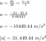 a = \frac{dv}{dt} = \frac{v-u}{t} \\\\a = \frac{-21-25.5}{0.00445}\\\\a = -10449.44 \ m/s^2\\\\|a| = 10,449.44 \ m/s^2