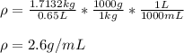 \rho =\frac{1.7132kg}{0.65L}*\frac{1000g}{1kg}*\frac{1L}{1000mL}   \\\\\rho=2.6g/mL