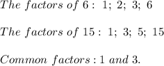 The\ factors\ of\ 6:\ 1;\ 2;\ 3;\ 6\\\\The\ factors\ of\ 15:\ 1;\ 3;\ 5;\ 15\\\\Common\ factors:1\ and\ 3.
