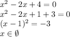 x^2- 2x+4=0 \\&#10;x^2-2x+1+3=0\\&#10;(x-1)^2=-3\\&#10;x\in\emptyset