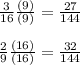 \frac{3}{16} \frac{(9)}{(9)}  =  \frac{27}{144}  \\  \\    \frac{2}{9} \frac{(16)}{(16)} =  \frac{32}{144}