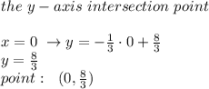 the \ y-axis \ intersection \ point \\ \\x=0 \ \to y=-\frac{1}{3} \cdot 0+\frac{8}{3} \\ y=\frac{8}{3} \\ point : \ \ (0,\frac{8}{3})