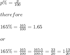 p\%=\frac{p}{100}\\\\therefore\\\\165\%=\frac{165}{100}=1.65\\\\or\\\\165\%=\frac{165}{100}=\frac{165:5}{100:5}=\frac{33}{20}=1\frac{13}{20}
