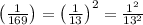 \left( \frac { 1 }{ 169 }  \right) ={ \left( \frac { 1 }{ 13 }  \right)  }^{ 2 }=\frac { { 1 }^{ 2 } }{ { 13 }^{ 2 } }