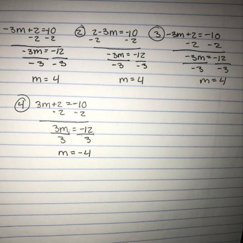 All of the following equations have the same solution except .

-10 = -3 m + 2 2 - 3 m = -10 -3 m +