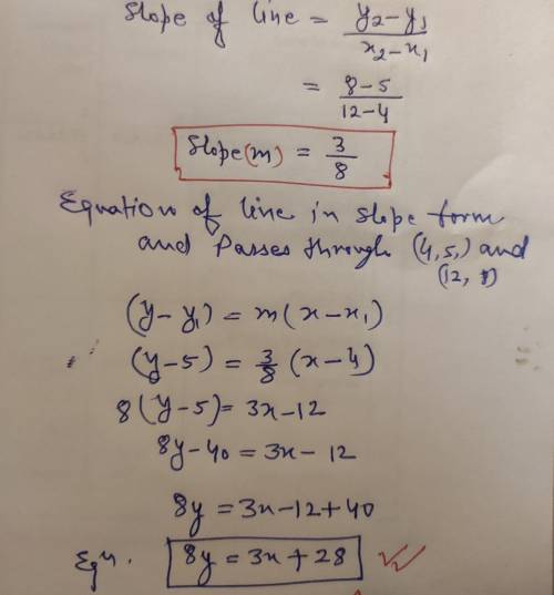 21
Find an equation of the line containing the given pair of points.
(4,5) and (12,8)