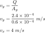 v_y=\dfrac{Q}{A_y}\\\\v_y=\dfrac{2.4\times 10^{-4}}{0.6\times  10^{-4}}\ m/s\\\\v_x=4\ m/s