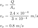 v_x=\dfrac{Q}{A_x}\\\\v_x=\dfrac{2.4\times 10^{-4}}{3\times  10^{-4}}\ m/s\\\\v_x=0.8\ m/s