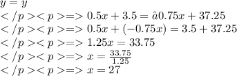y=y\\=0.5x + 3.5= –0.75x + 37.25\\=0.5x+(-0.75x)=3.5+37.25\\=1.25x=33.75\\=x= \frac{33.75}{1.25} \\=x=27