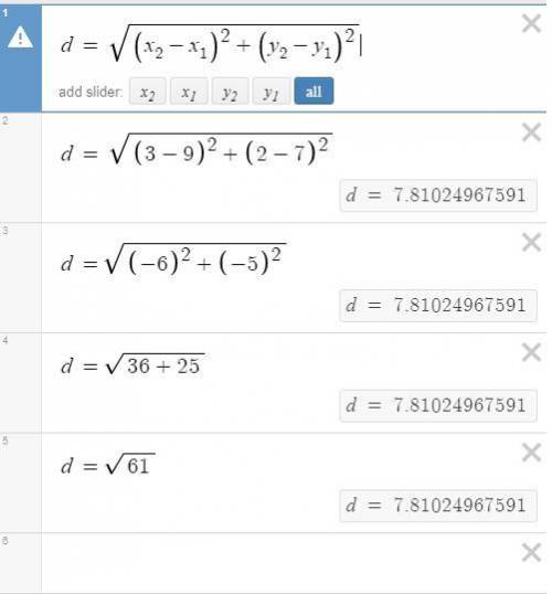 Explain the process to calculate the distance between A= (9,7), B= (3,2)