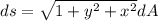 ds=\sqrt{1+y^2+x^2}dA