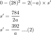 0-(28)^2=2(-a)\times s'\\\\s'=\dfrac{784}{2a}\\\\s'=\dfrac{392}{a}\ ....(2)