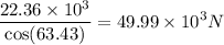 $\frac{22.36\times 10^3}{\cos(63.43)} = 49.99\times 10^3 N$