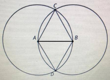 The diagram is a straightedge and compass construction. A is the center of one circle, and B is the