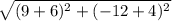 \sqrt{(9+6)^2+(-12+4)^2}