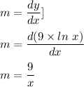 m=\dfrac{dy}{dx}]\\\\m=\dfrac{d(9\times  ln\ x)}{dx}}\\\\m=\dfrac{9}{x}