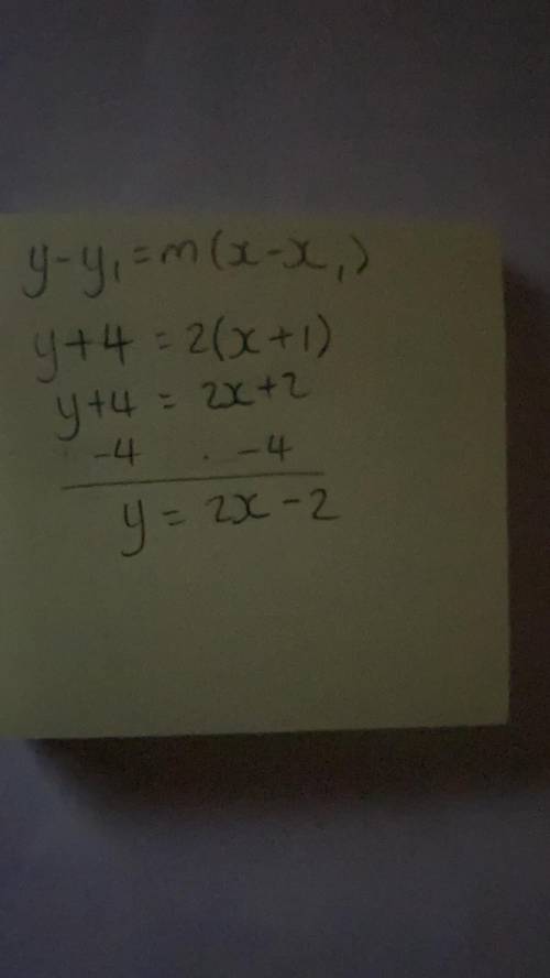 Find the equation of the line, given the following information:

Passes through (-1,-4) and is paral