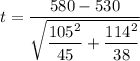 t = \dfrac{580 -530}{\sqrt{\dfrac{105^2}{45}+\dfrac{114^2}{38} } }