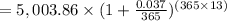 = 5,003.86 \times (1 + \frac{0.037}{365}) ^{(365\times13)}