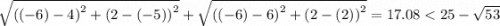\sqrt{\left ((-6)-4  \right )^{2}+\left (2-(-5)  \right )^{2}} +  \sqrt{\left ((-6)-6  \right )^{2}+\left (2-(2)  \right )^{2}} = 17.08 < 25-\sqrt{53}