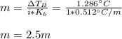 m=\frac{\Delta T_B}{i*K_b}=\frac{1.286\°C}{1*0.512\°C/m}\\  \\m=2.5m
