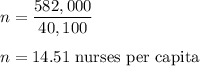 n=\dfrac{582,000}{40,100 }\\\\n=14.51\ \text{nurses per capita}