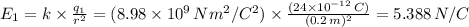 E_1 = k\times\frac{q_1}{r^2} = (8.98\times10^{9} \,Nm^2/C^2) \times\frac{(24\times 10^{-12}\,C)}{(0.2\,m)^2} = 5.388\,N/C